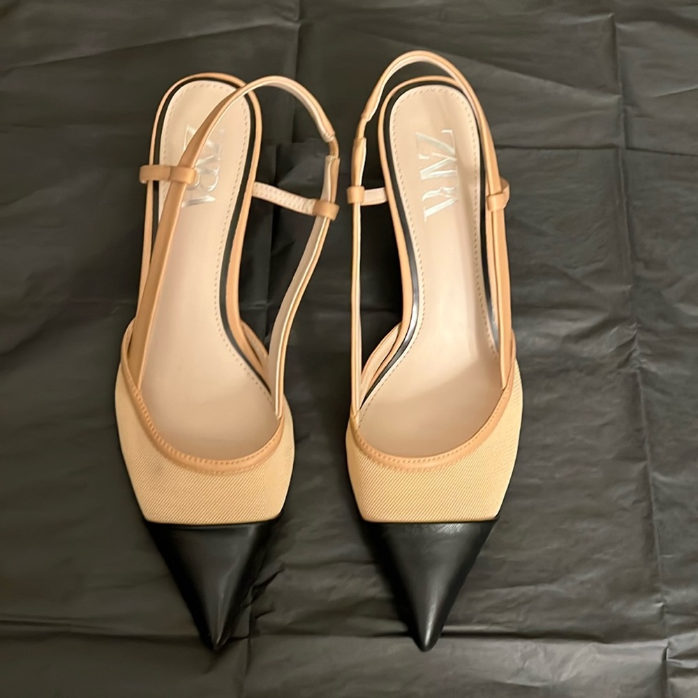 Zara tan and black kitten heel slingbacks